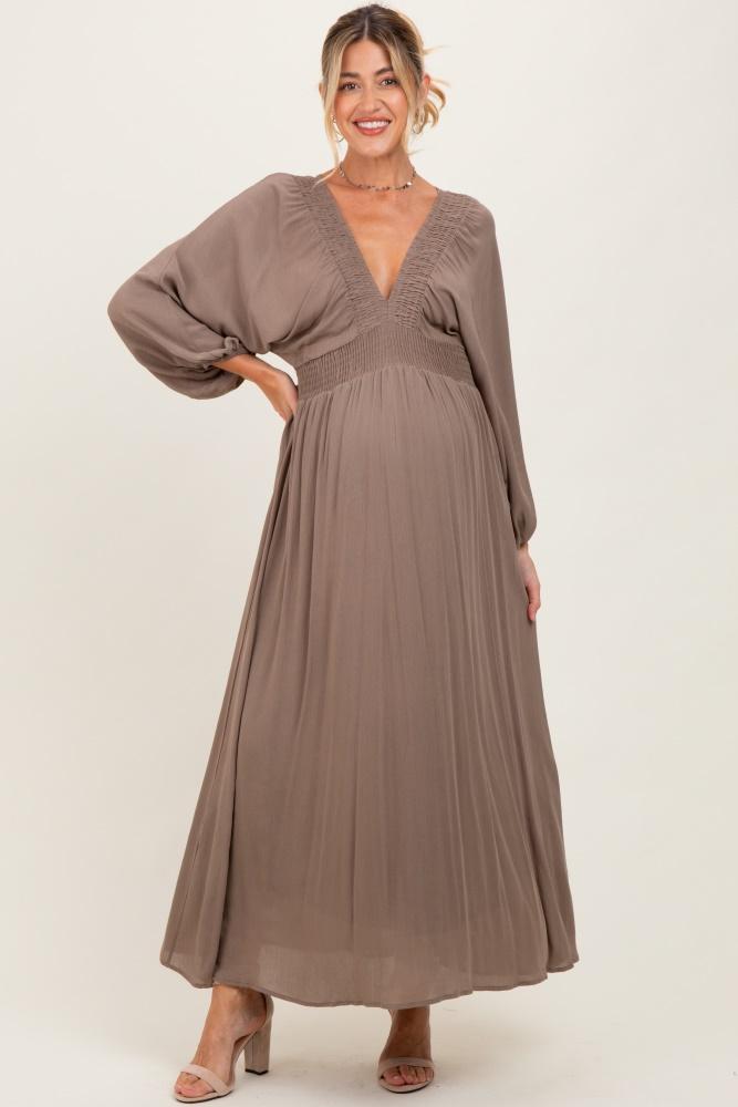 mocha solid long sleeve v-neck smocked detail maternity maxi dress