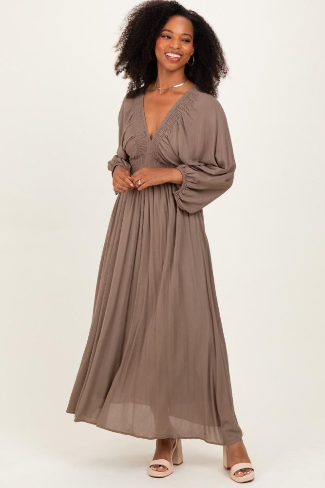 mocha solid long sleeve v-neck smocked detail maxi dress