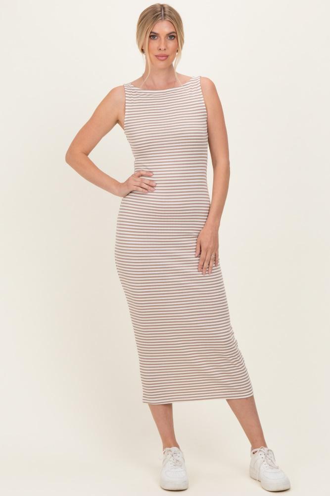 mocha striped boat neck sleeveless midi dress