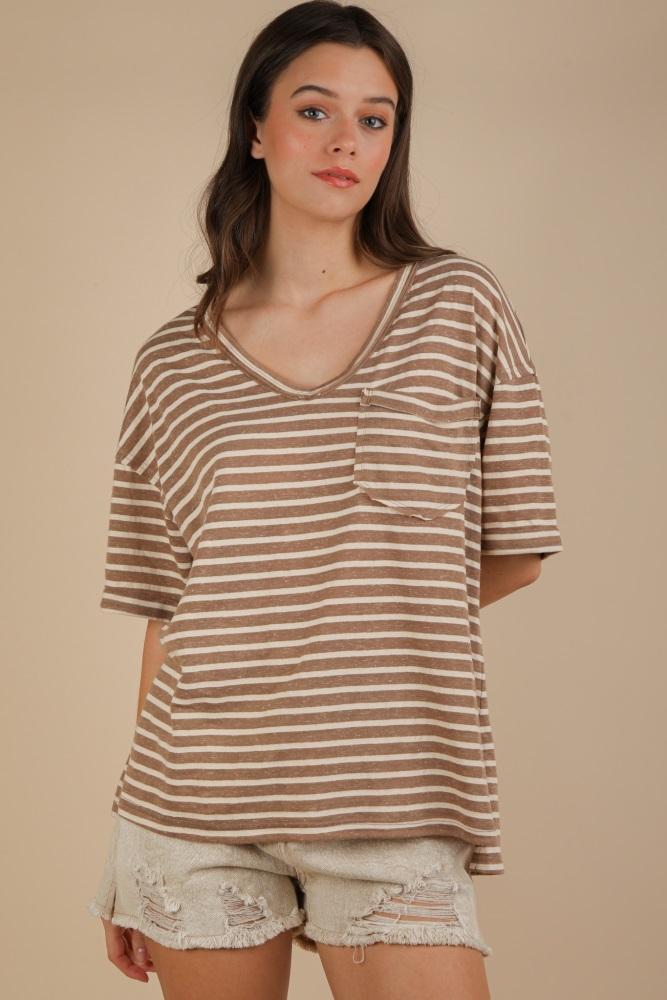 mocha striped oversized v-neck front pocket t-shirt
