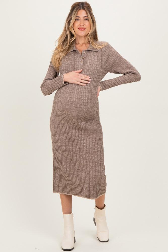 mocha striped rib knit maternity polo sweater dress