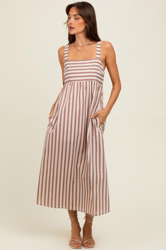 mocha striped sleeveless midi dress