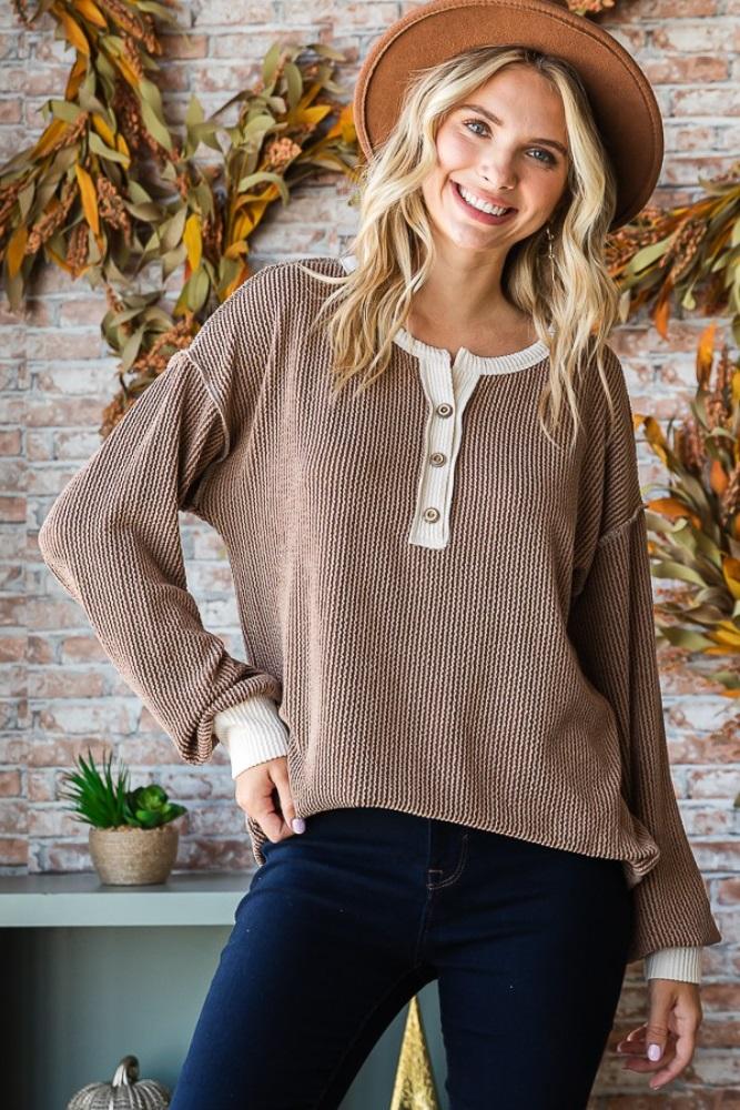 mocha textured rib bubble sleeve henley