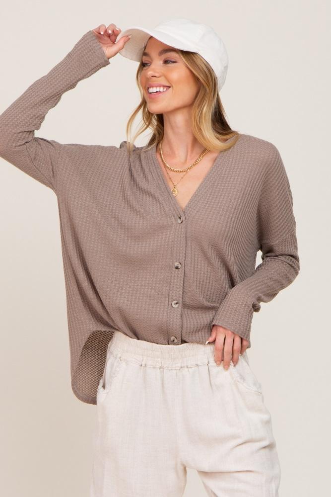 mocha waffle knit button down top