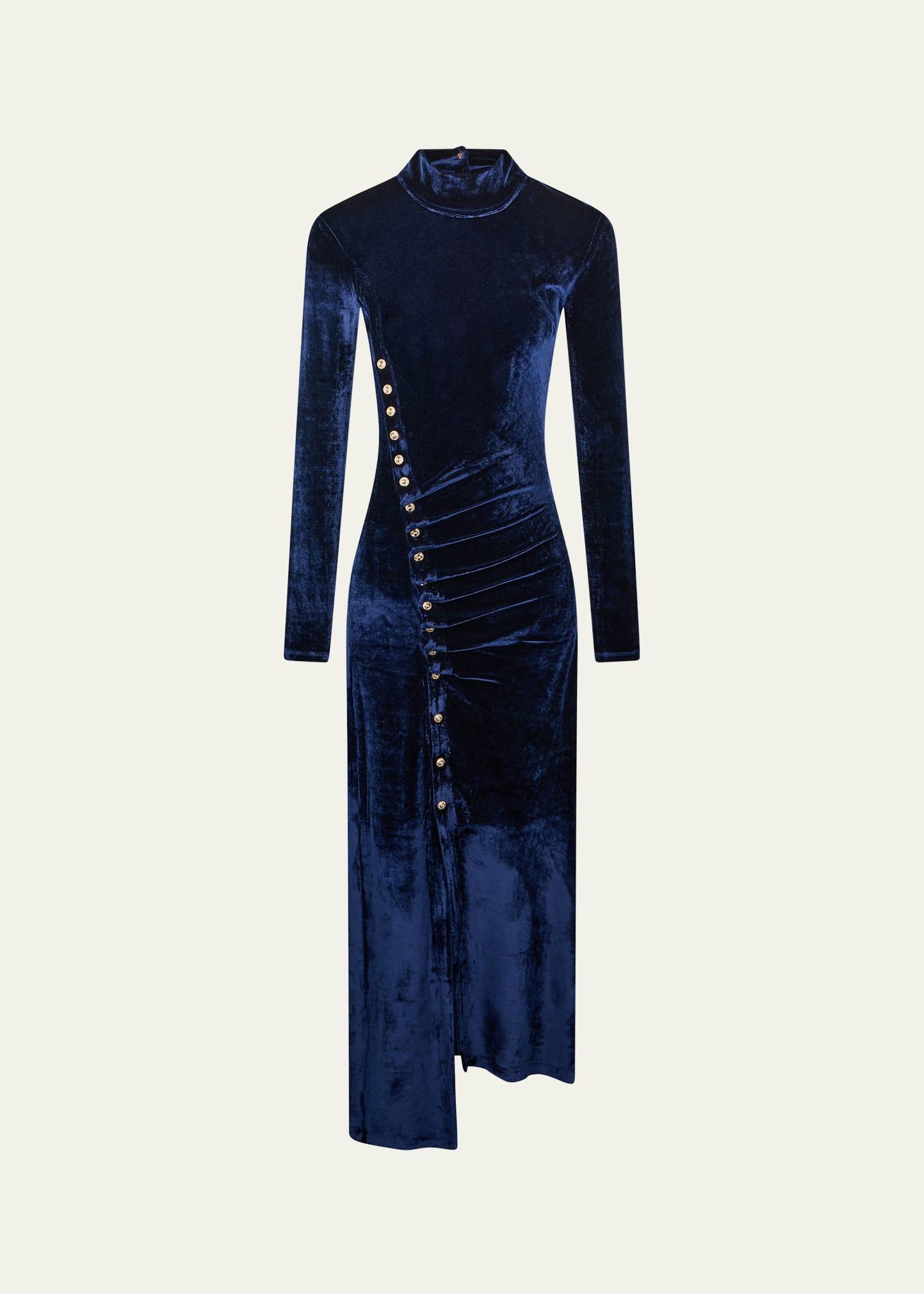 mock-neck asymmetric ruched velvet midi dress
