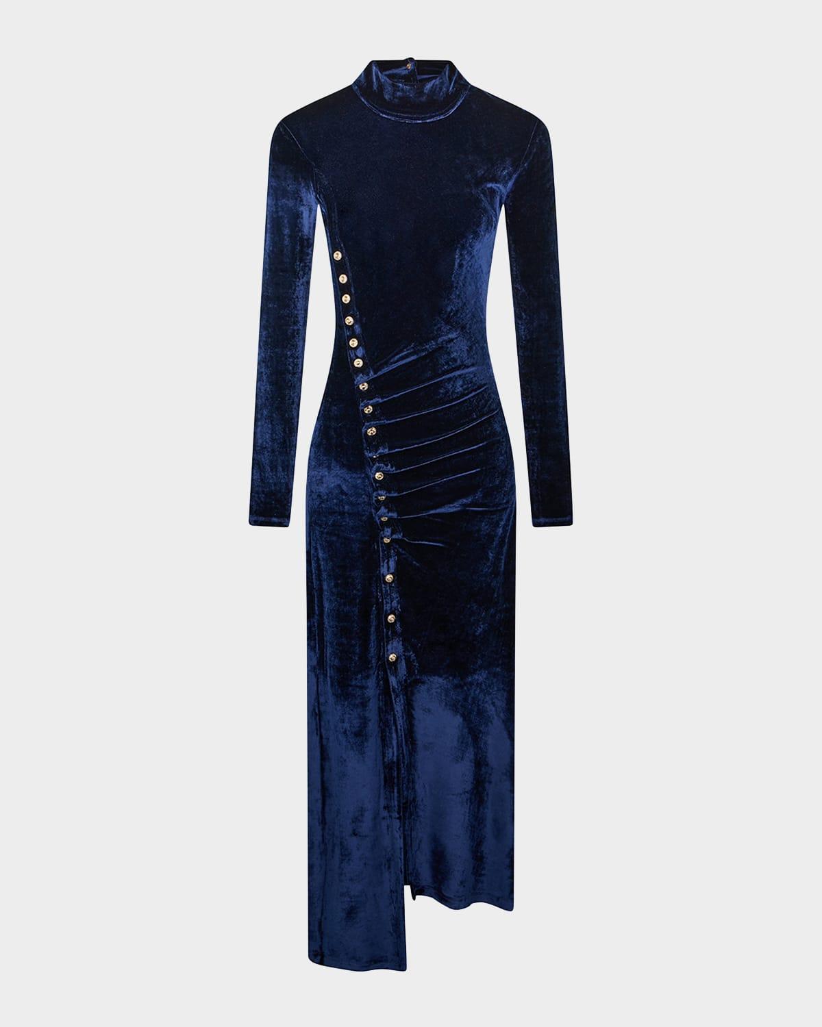 mock-neck asymmetric ruched velvet midi dress