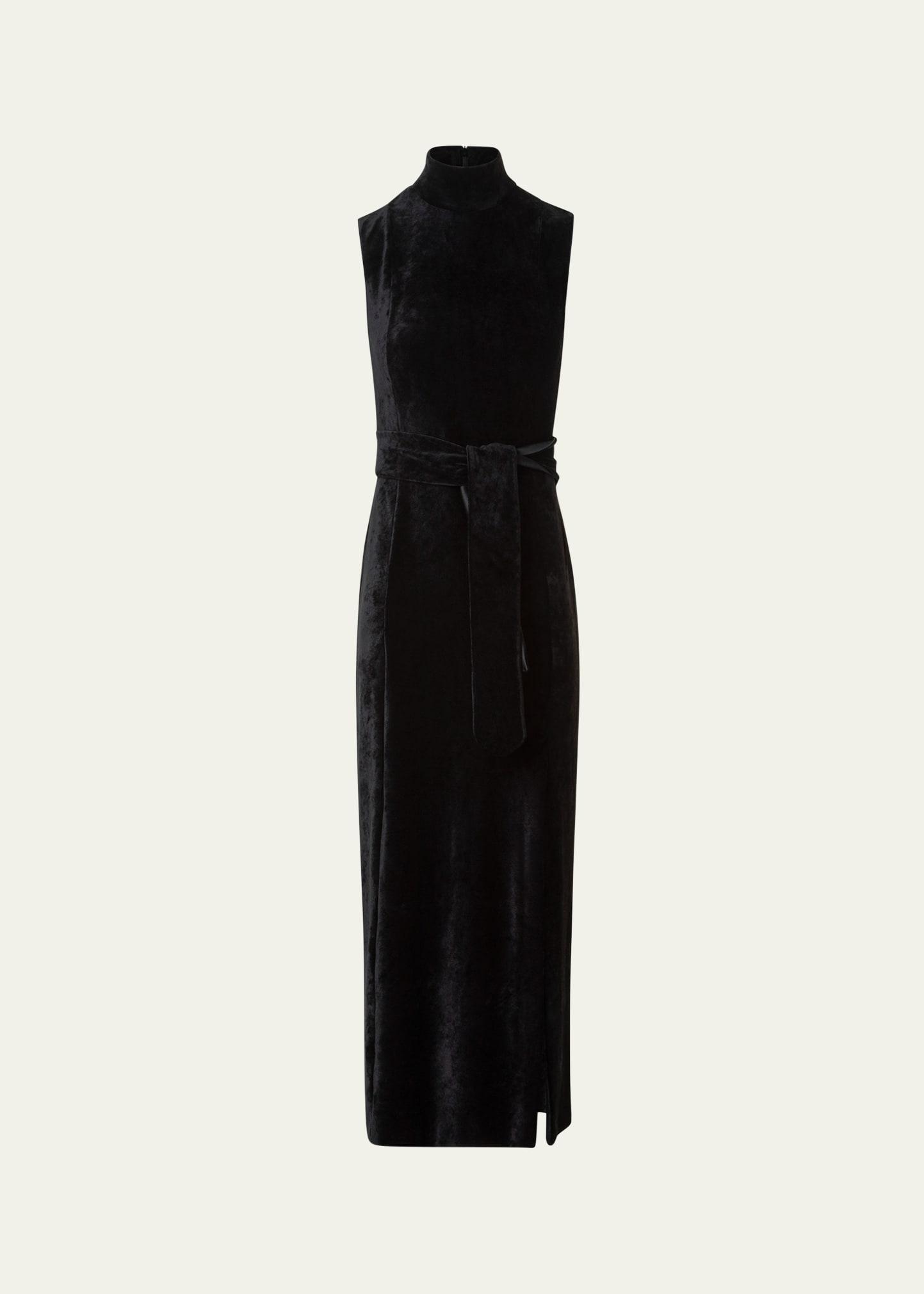 mock-neck belted velvet jersey midi dress