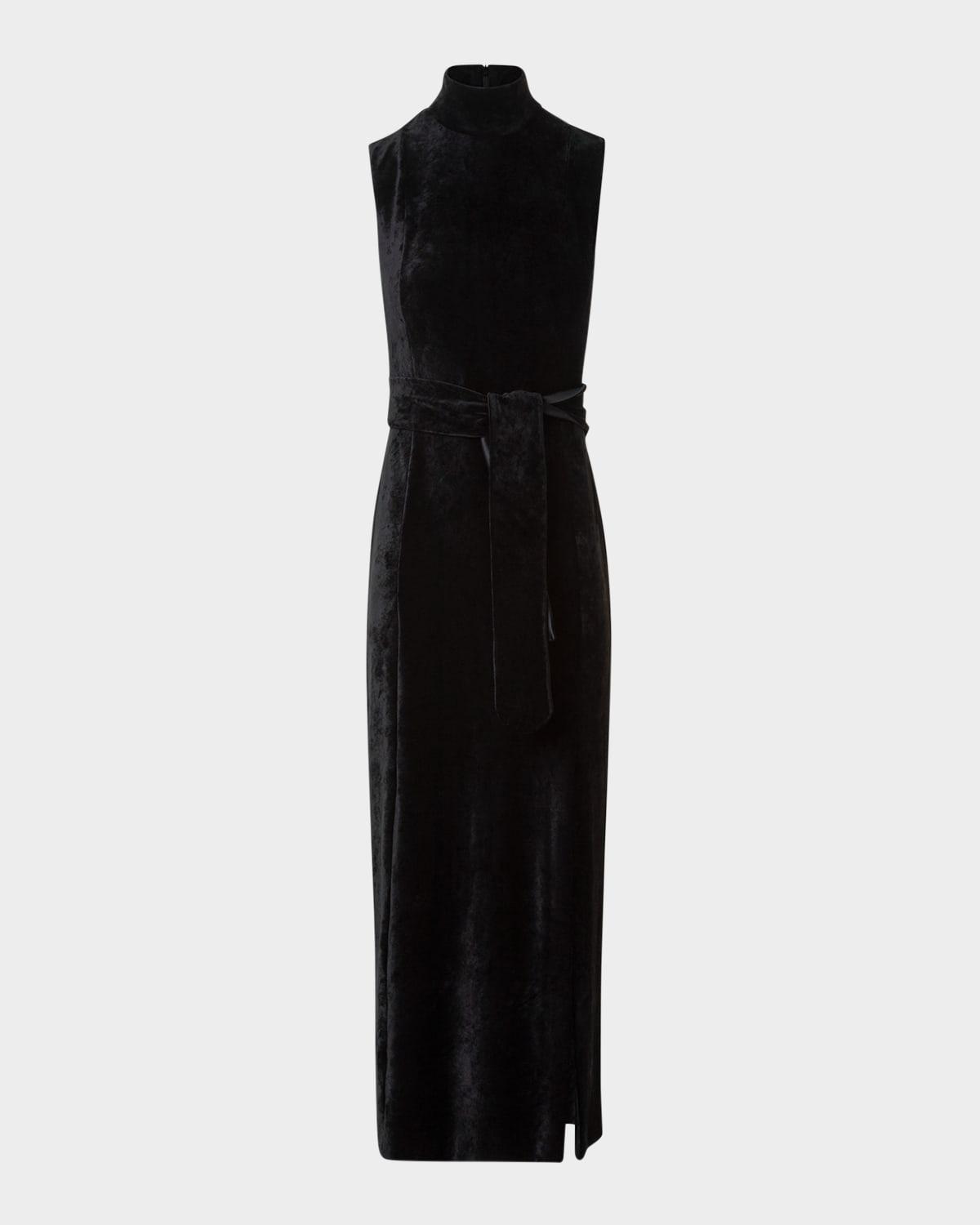 mock-neck belted velvet jersey midi dress