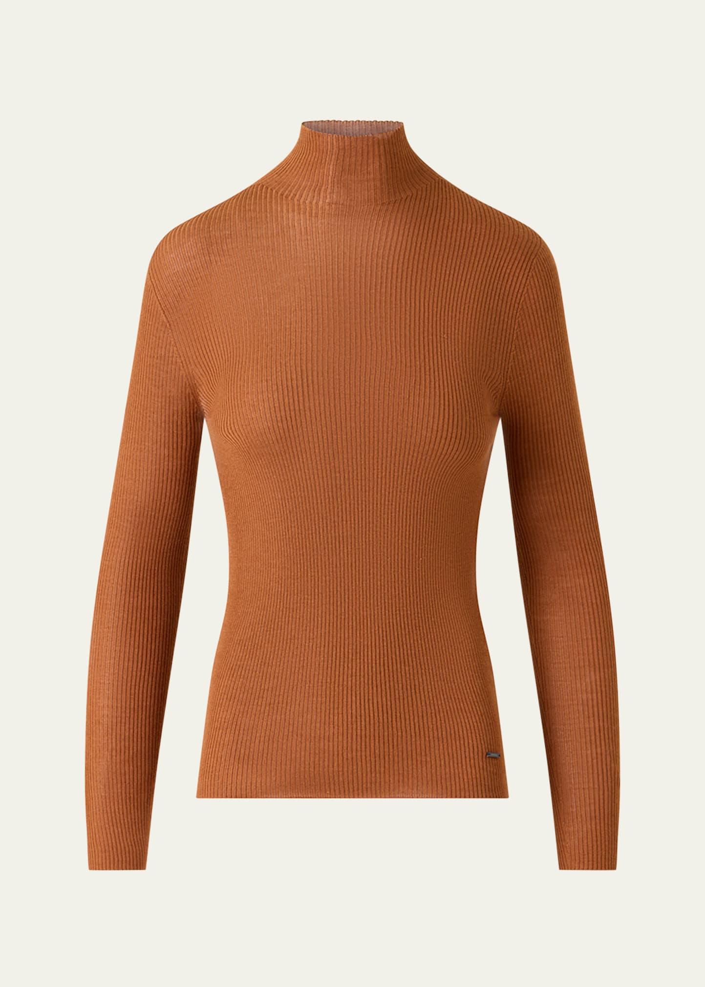 mock-neck cashmere-silk fine rib sweater