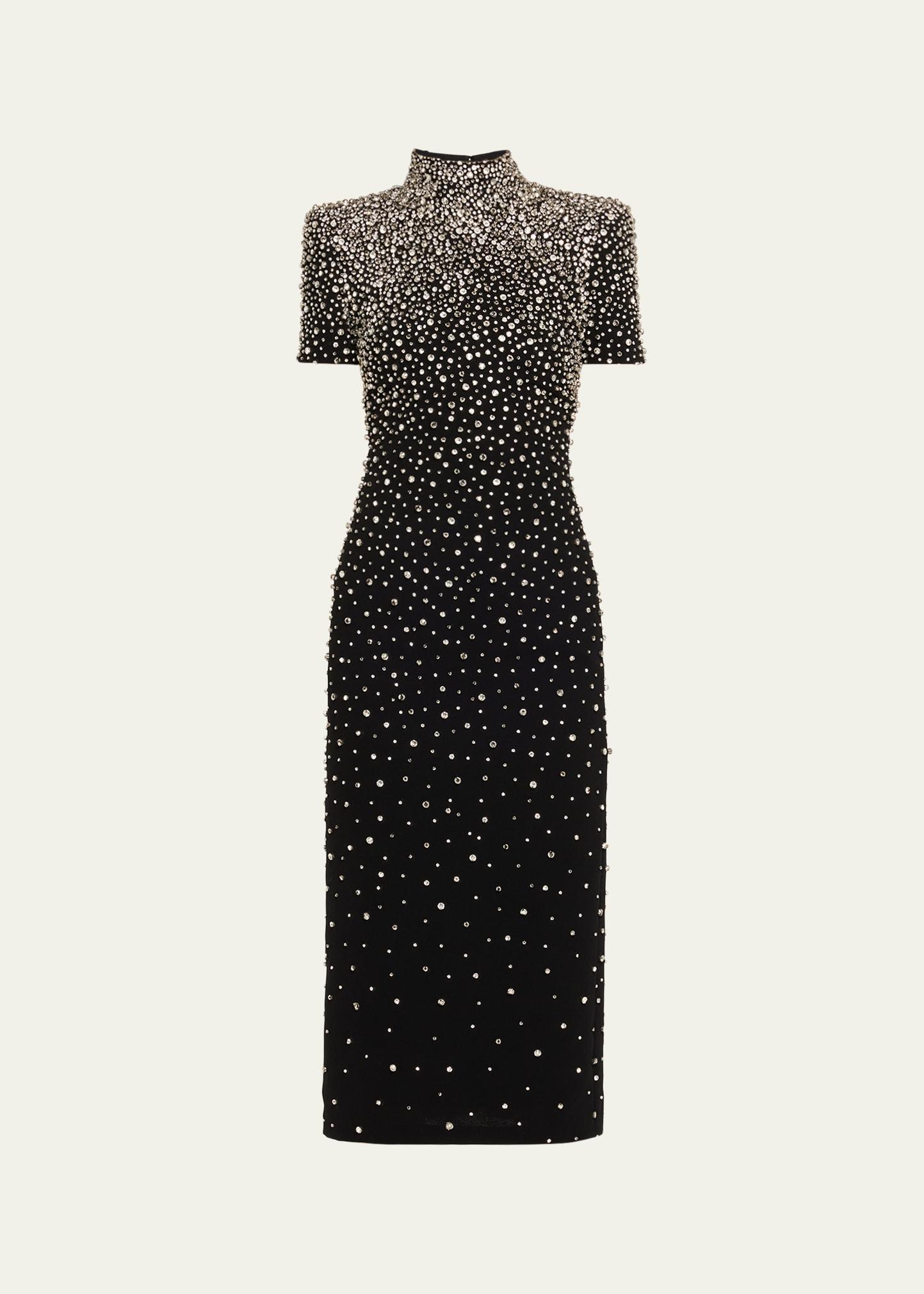 mock-neck crystal velvet short-sleeve midi dress