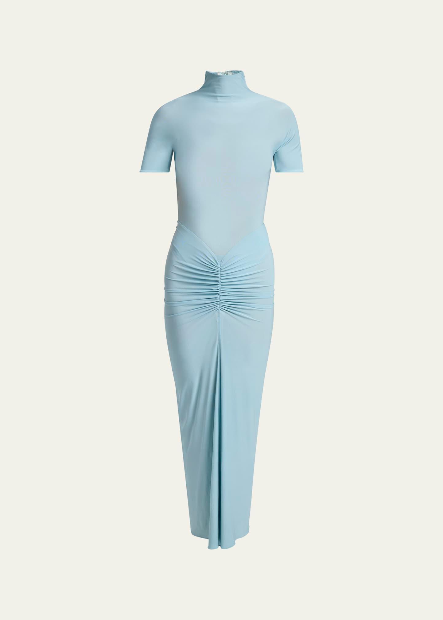 mock neck draped midi dress
