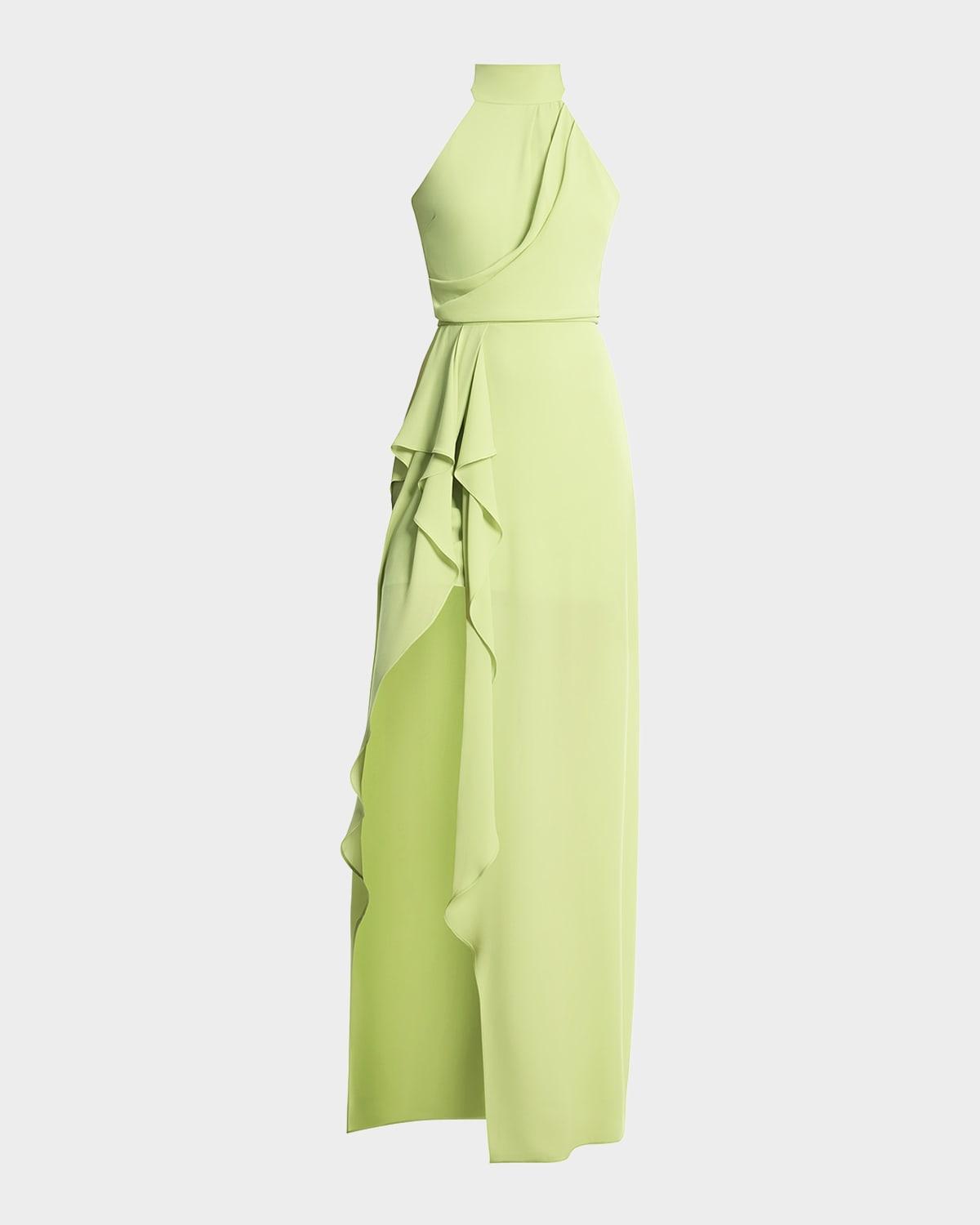 mock-neck draped slit gown