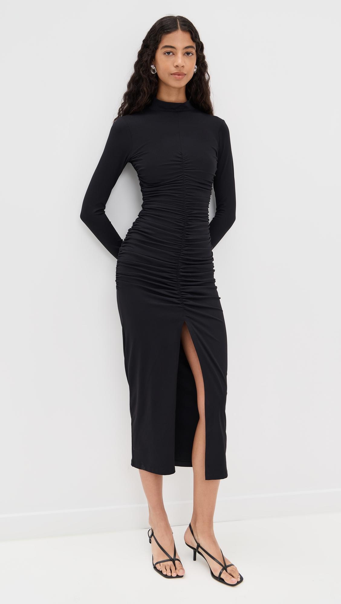 mock neck gathered front long sleeve dress