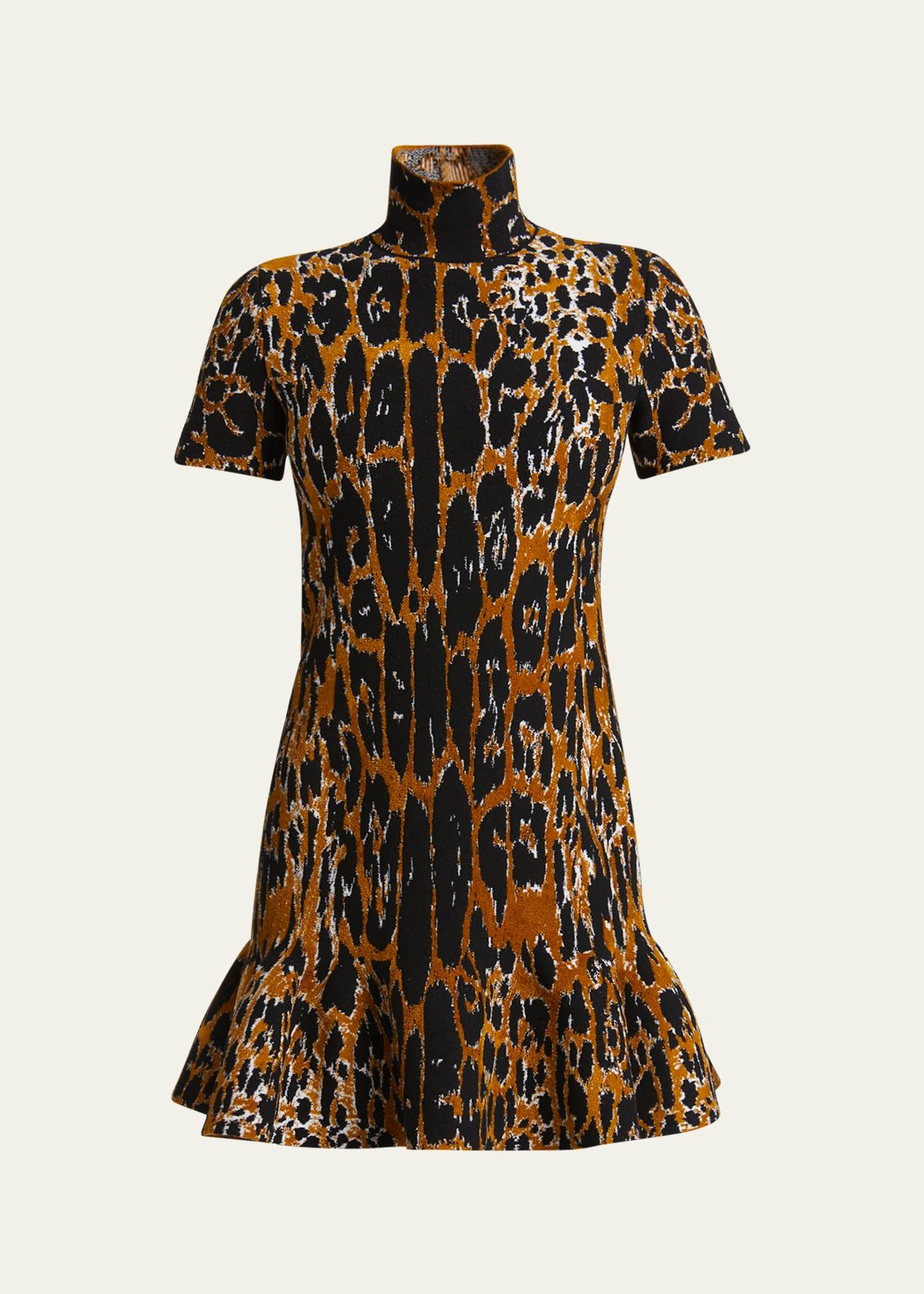 mock-neck leopard short-sleeve skater mini dress