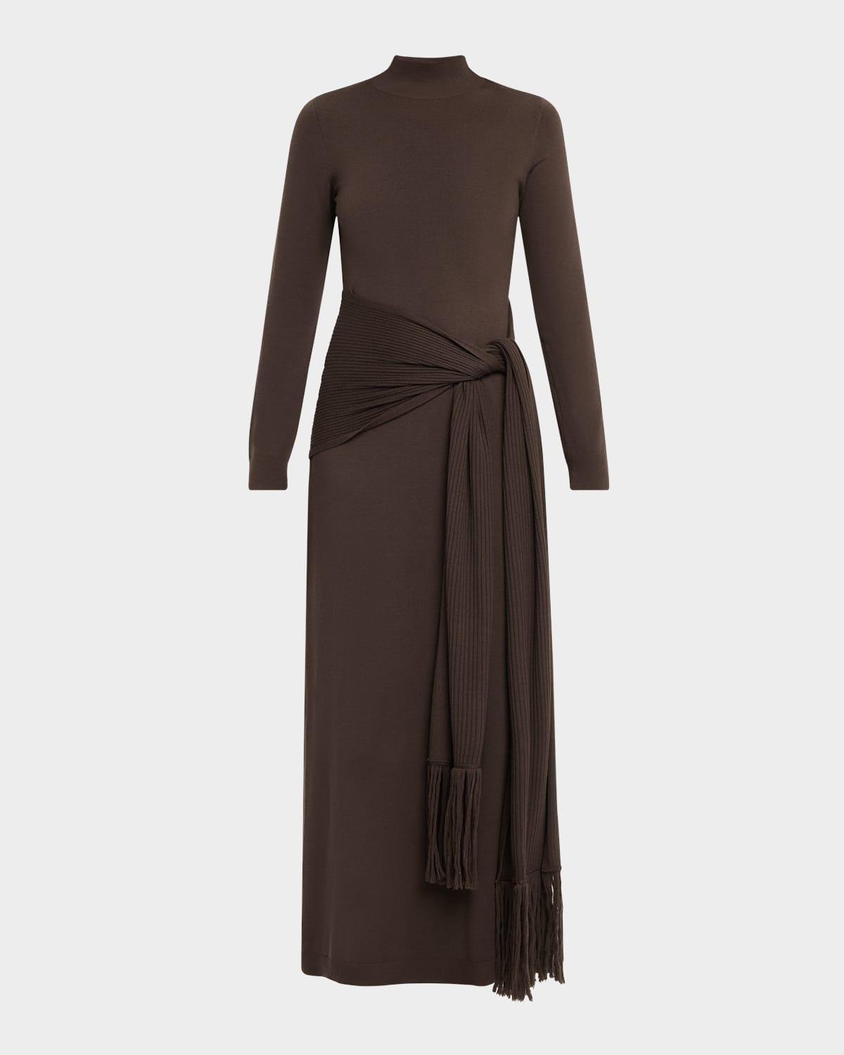 mock-neck long-sleeve wrap-sash midi dress