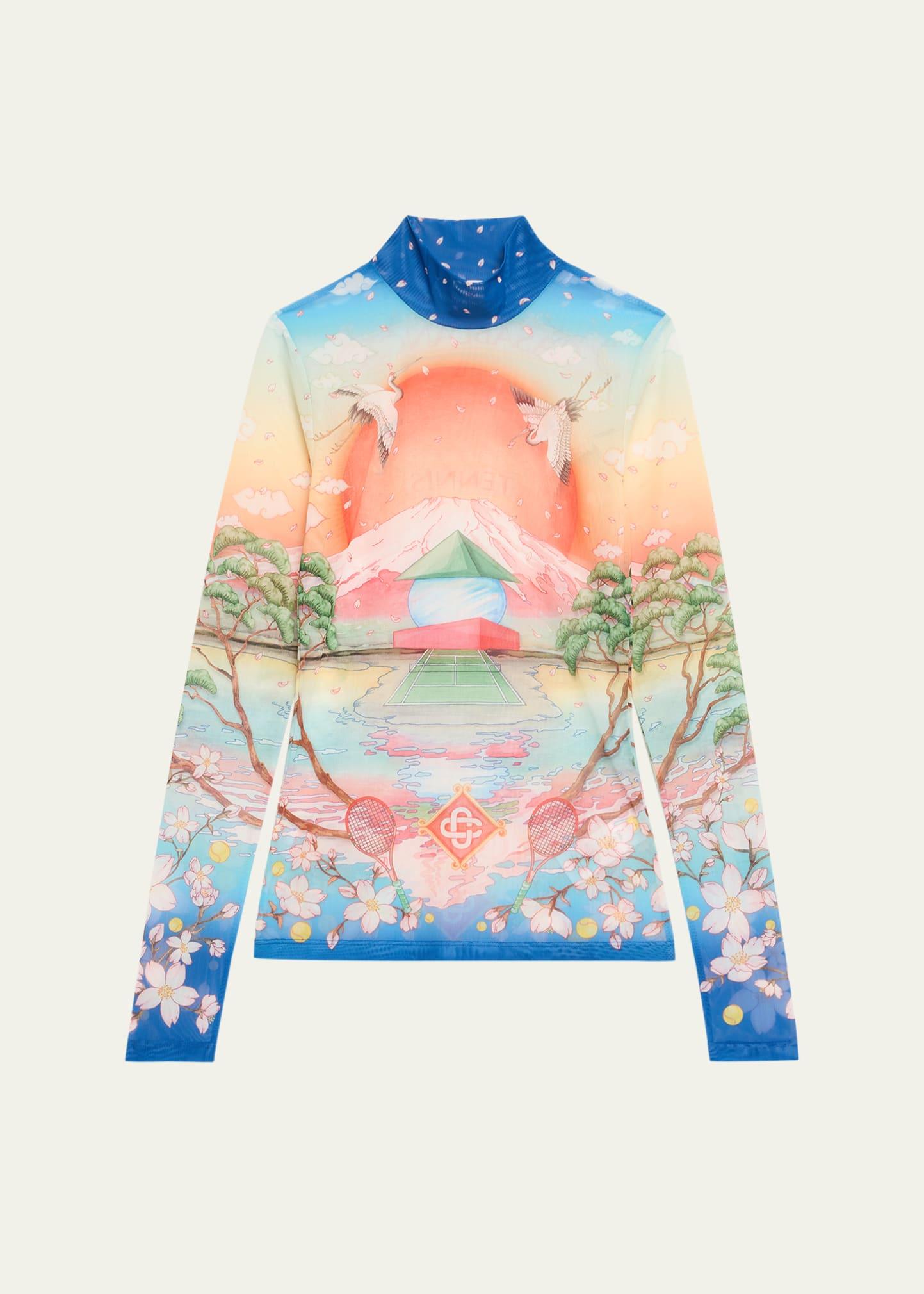 mock-neck printed mesh long-sleeve top