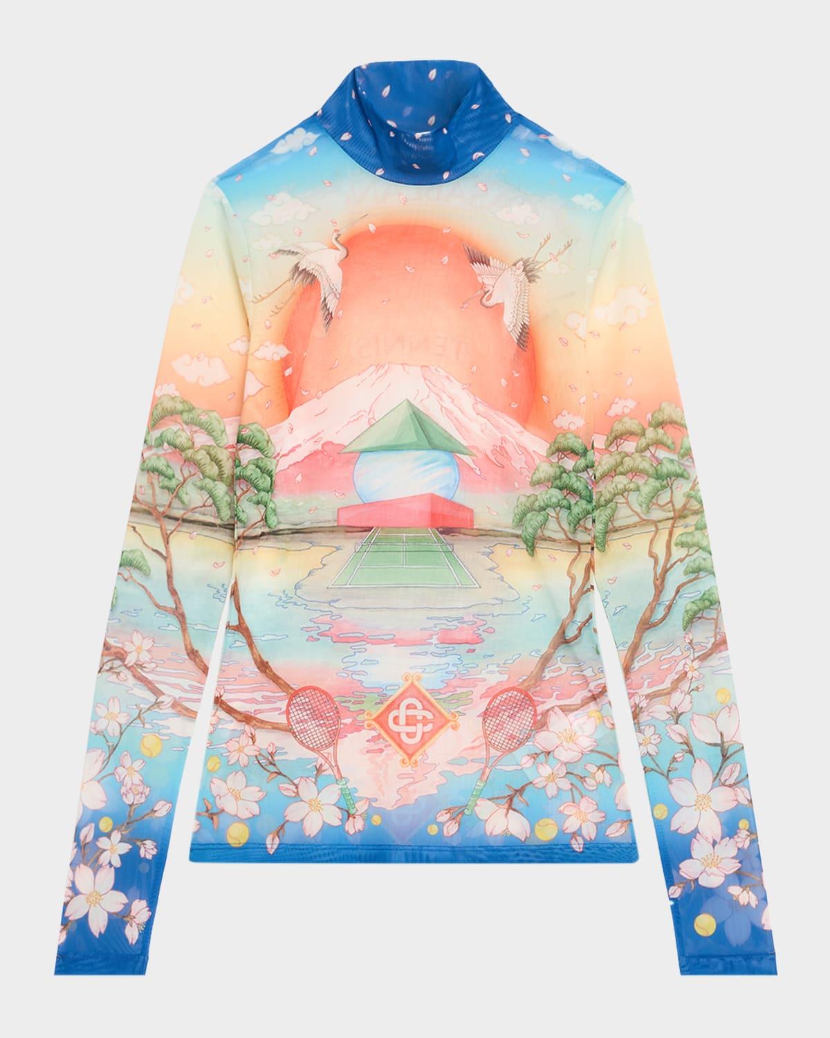 mock-neck printed mesh long-sleeve top