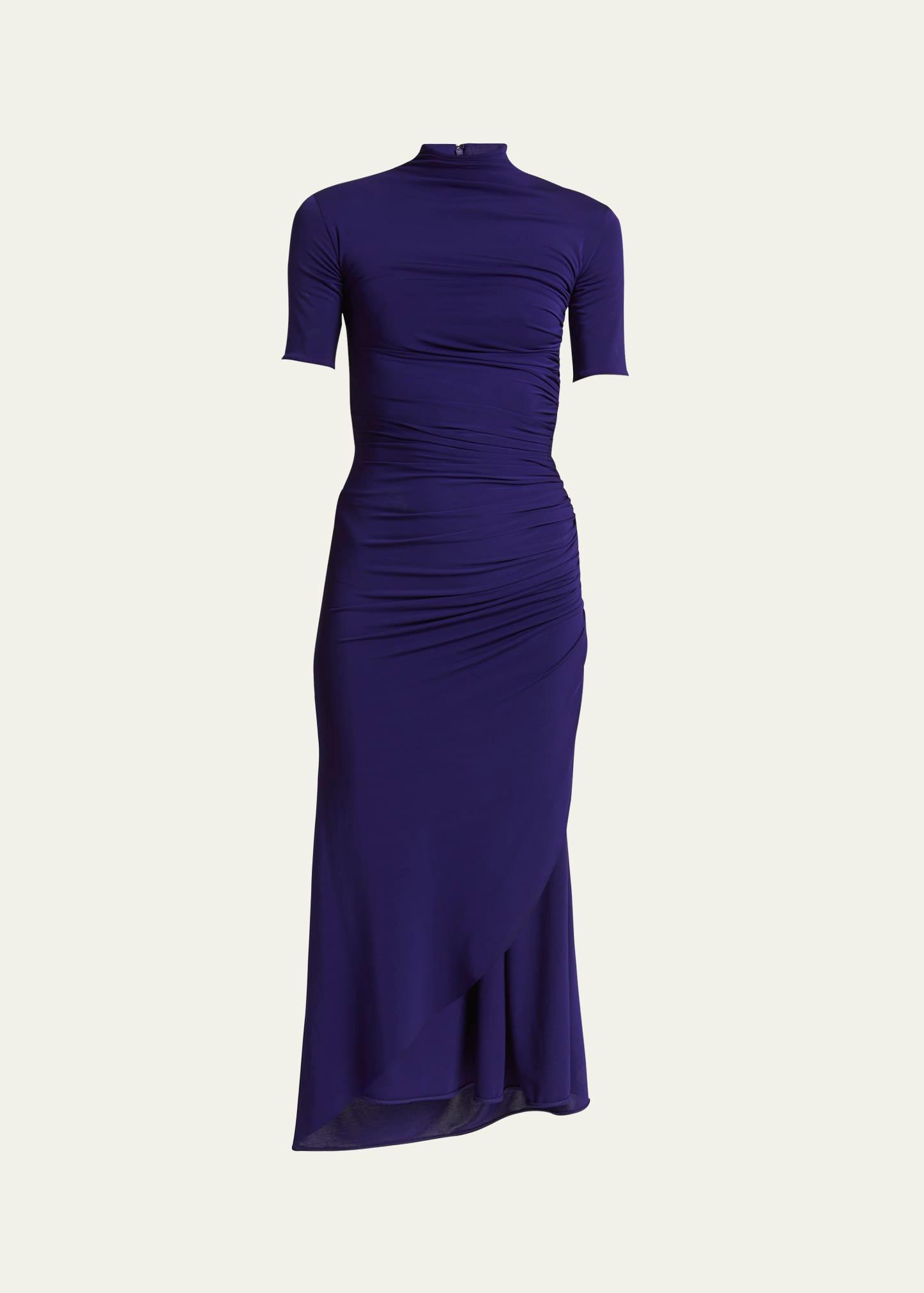 mock-neck ruched short-sleeve slit midi dress