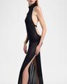 mock-neck sheer knit backless gown
