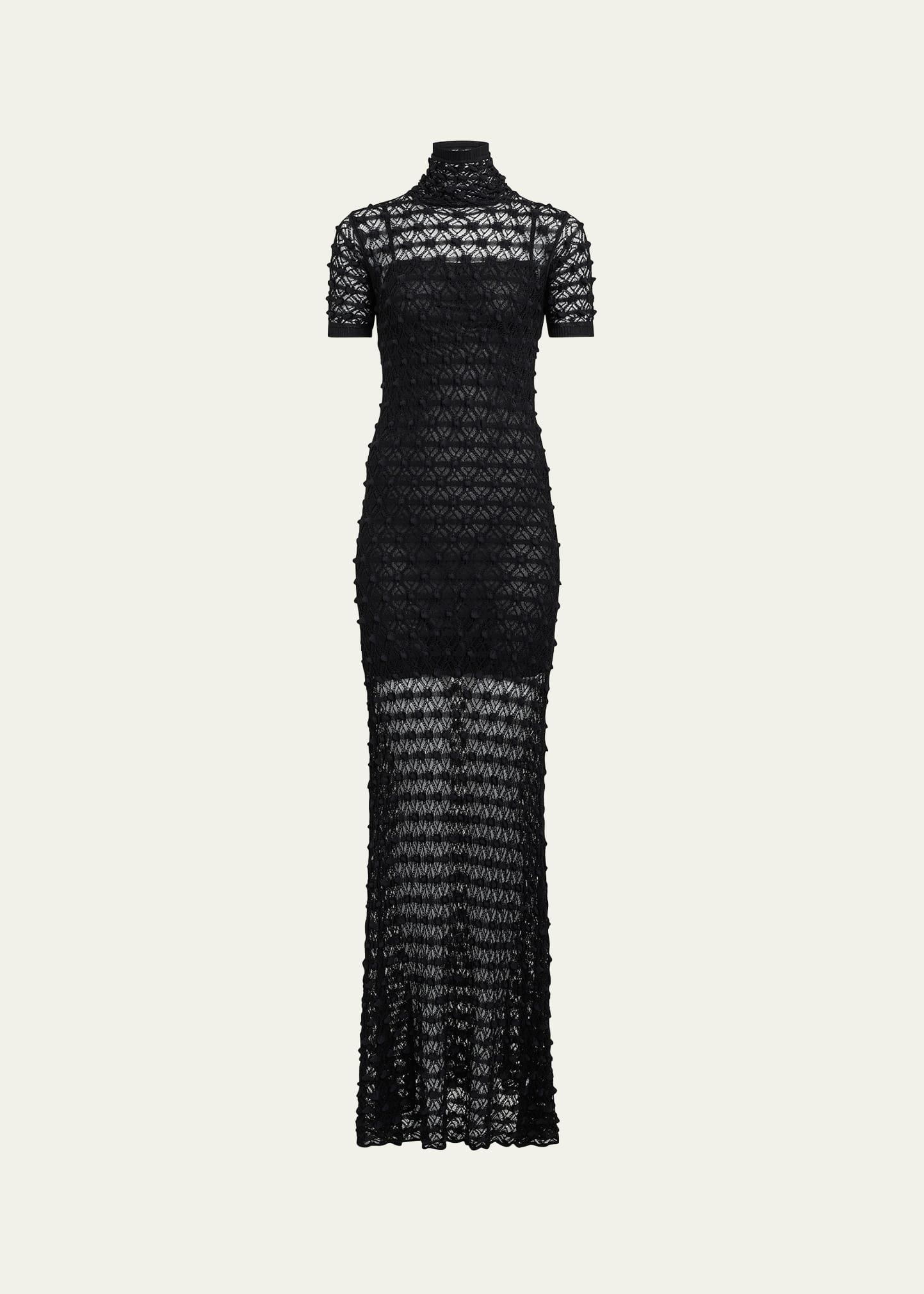 mock-neck short-sleeve sheer lace gown