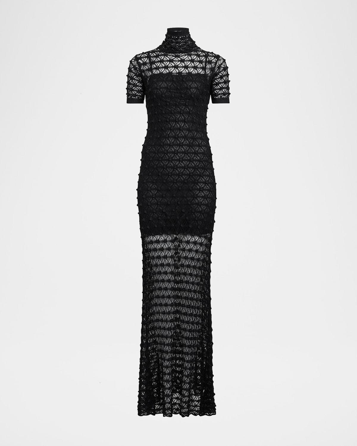 mock-neck short-sleeve sheer lace gown