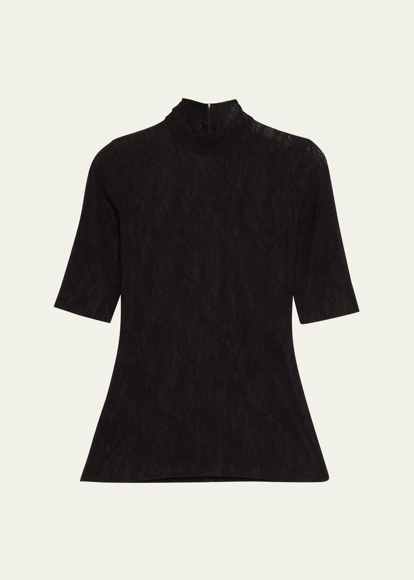 mock-neck stretch lace short-sleeve top