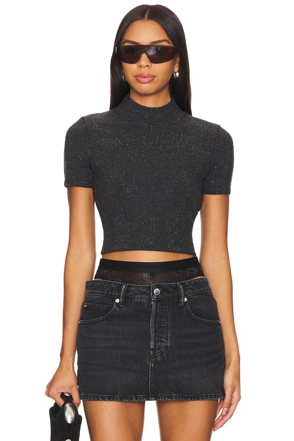 mock neck tee with all over hotfix crystal