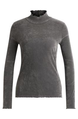 mock-neck top in velvet-touch mesh- silver women's casual tops