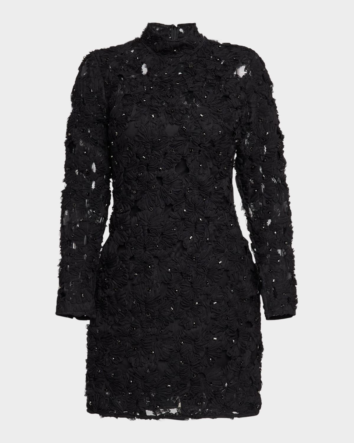 mock-neck tulle applique mini dress