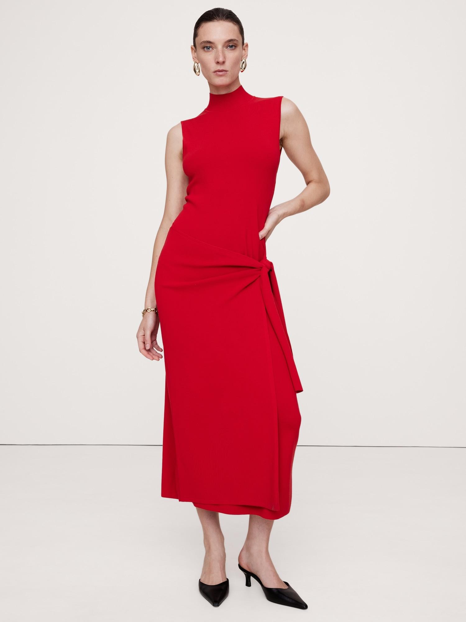 mock-neck wrap sweater dress