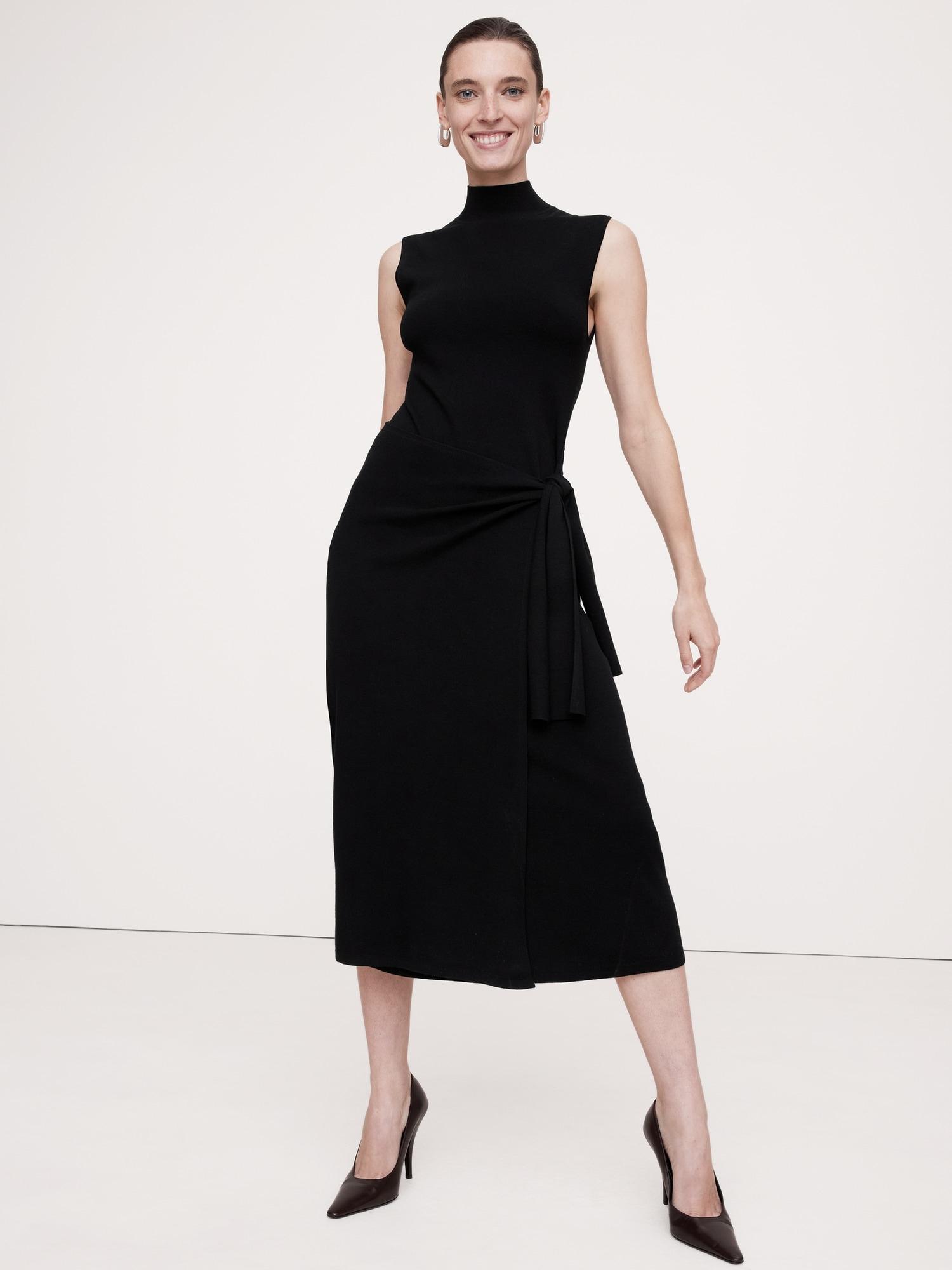 mock-neck wrap sweater dress