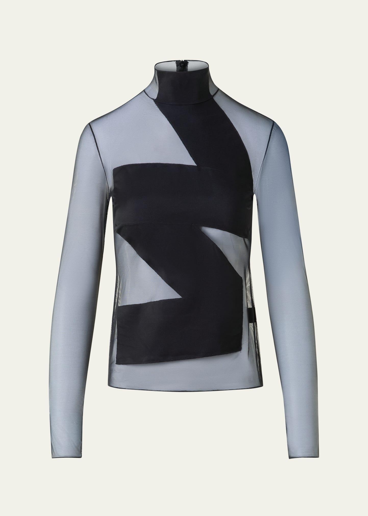 mock-neck zigzag tulle long-sleeve top