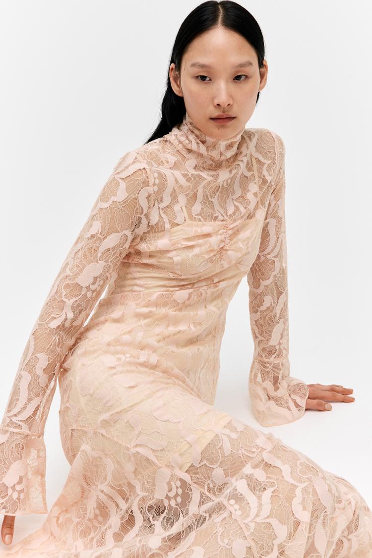 mock turtleneck lace maxi dress