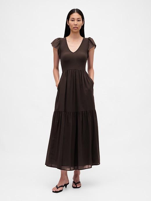 modern mixed media ruffle maxi dress