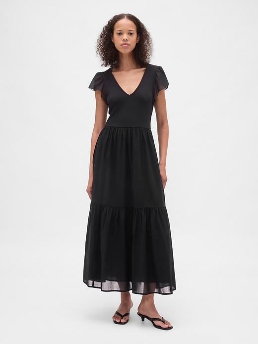modern mixed media ruffle maxi dress
