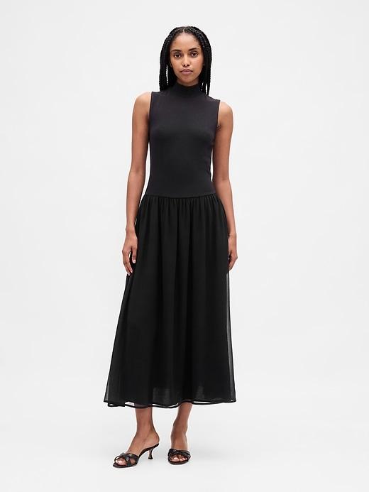 modern mockneck mixed media maxi dress