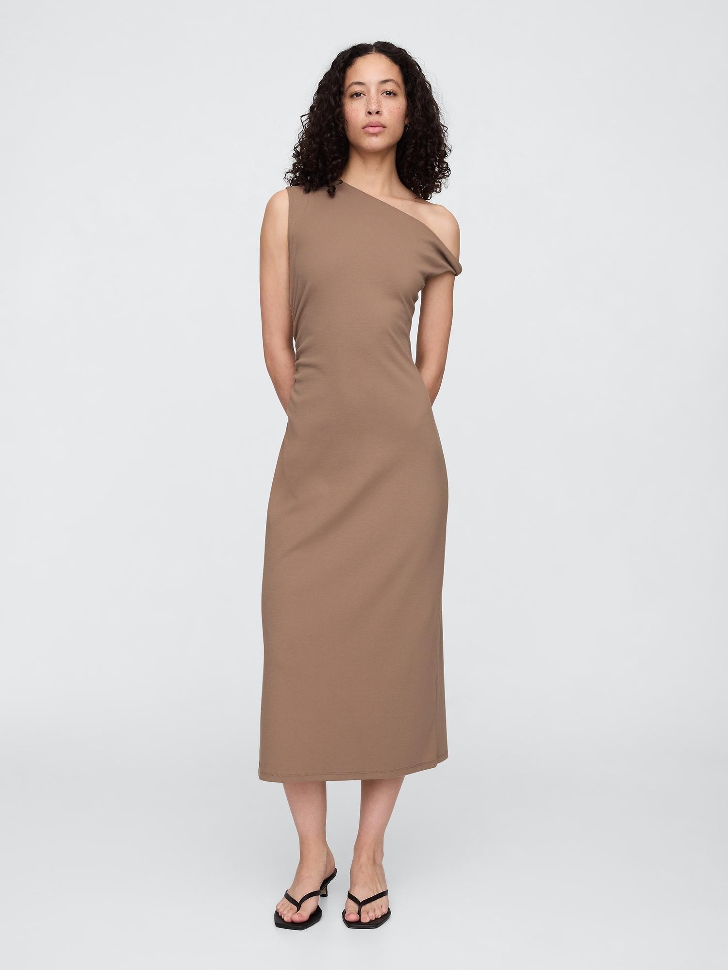 modern ribbed one-shoulder midi dress