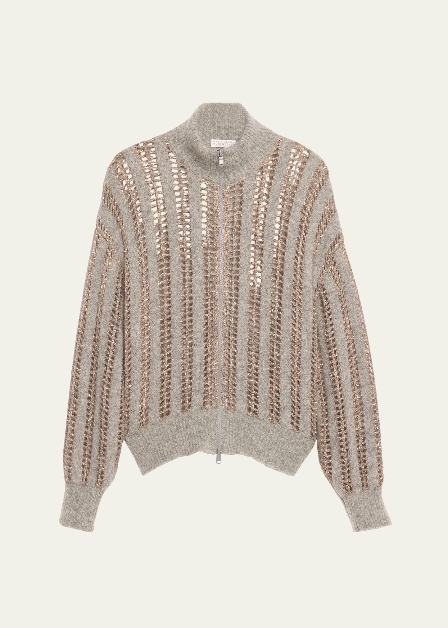 mohair wool lattice knit zip-up cardigan with paillette detail