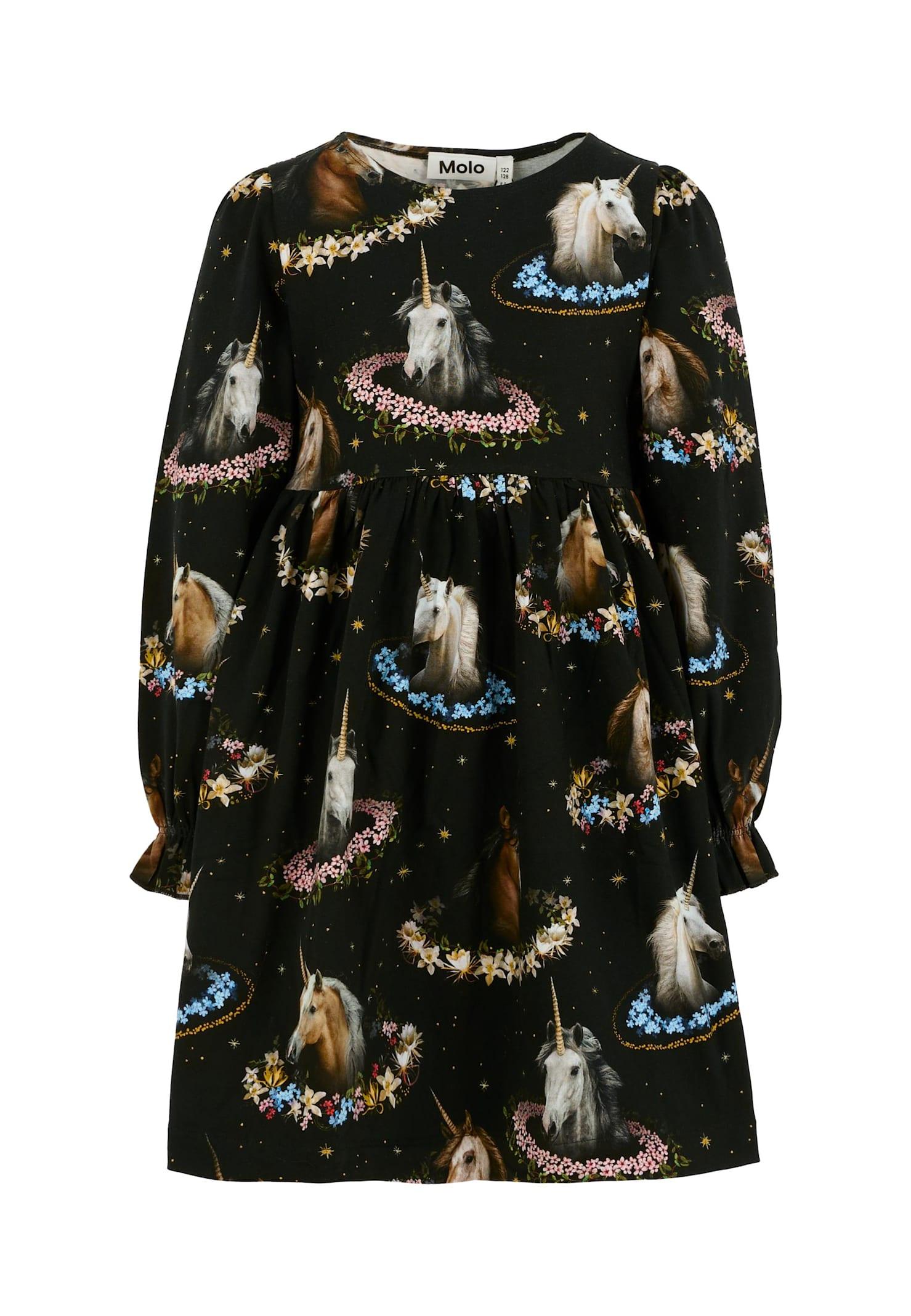 molo black dress for girl with unicorn