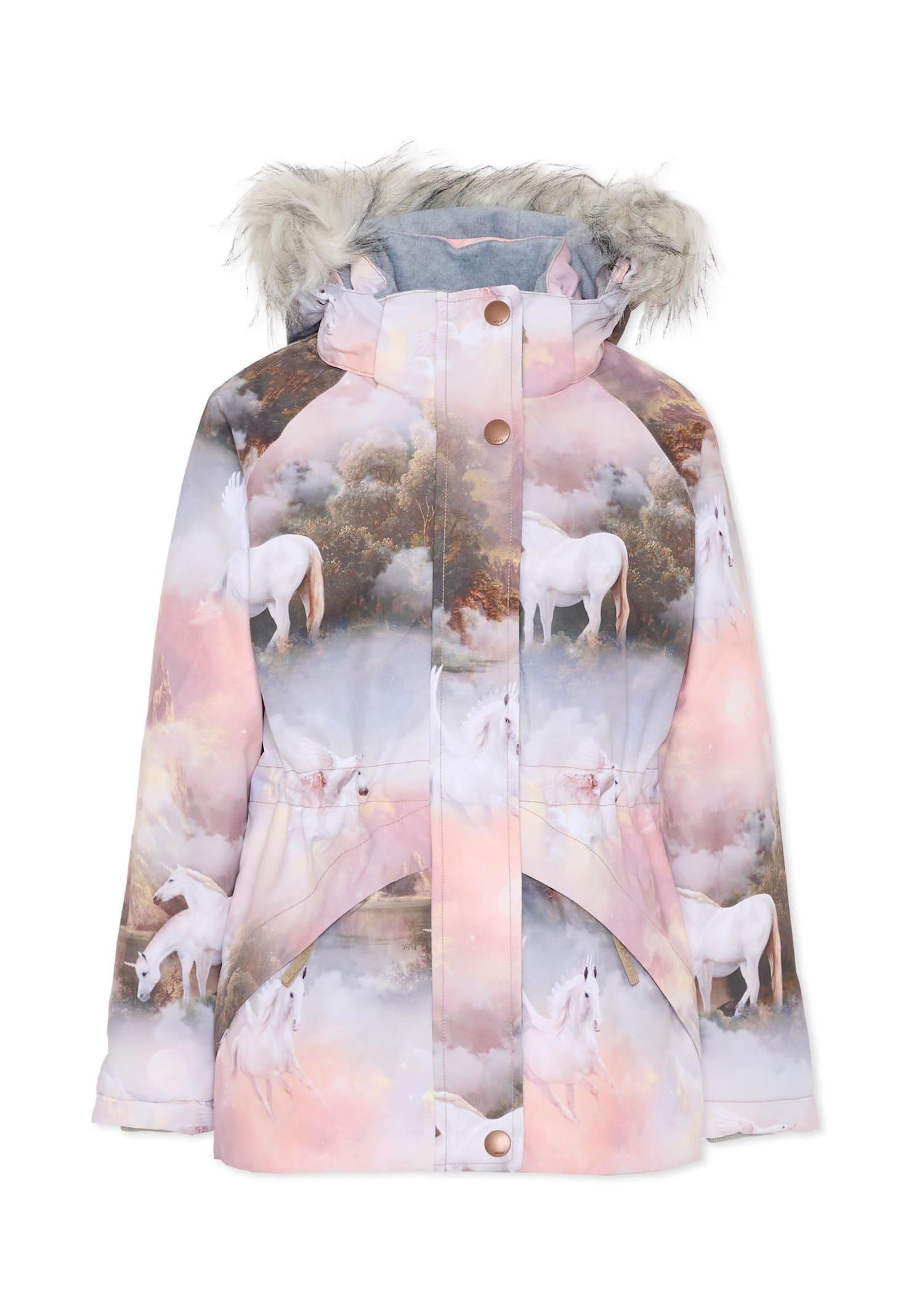 molo pink down snow jacket for girl with unicorn