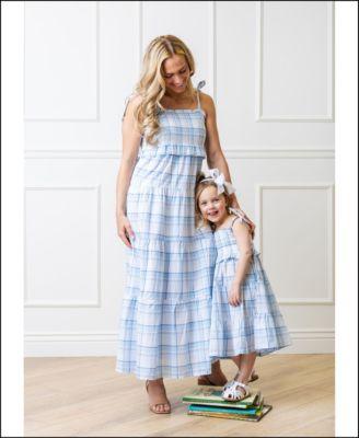 mommy me organic cotton smocked tiered dresses in blue ombre plaid