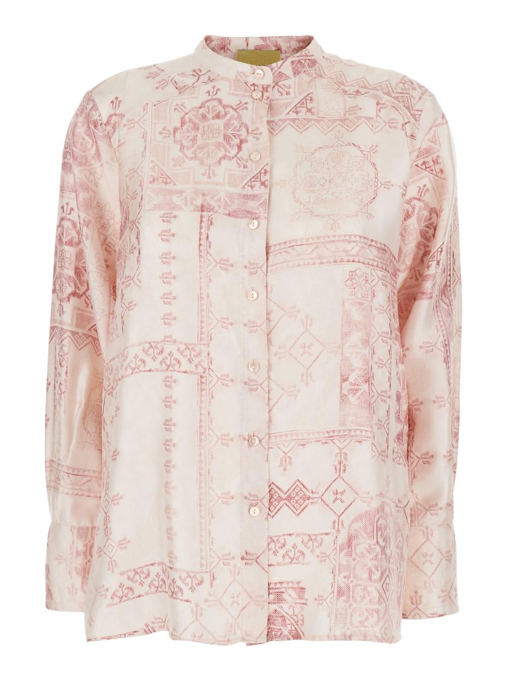 momonì shirt with raised collar and all-over print in pink silk for women