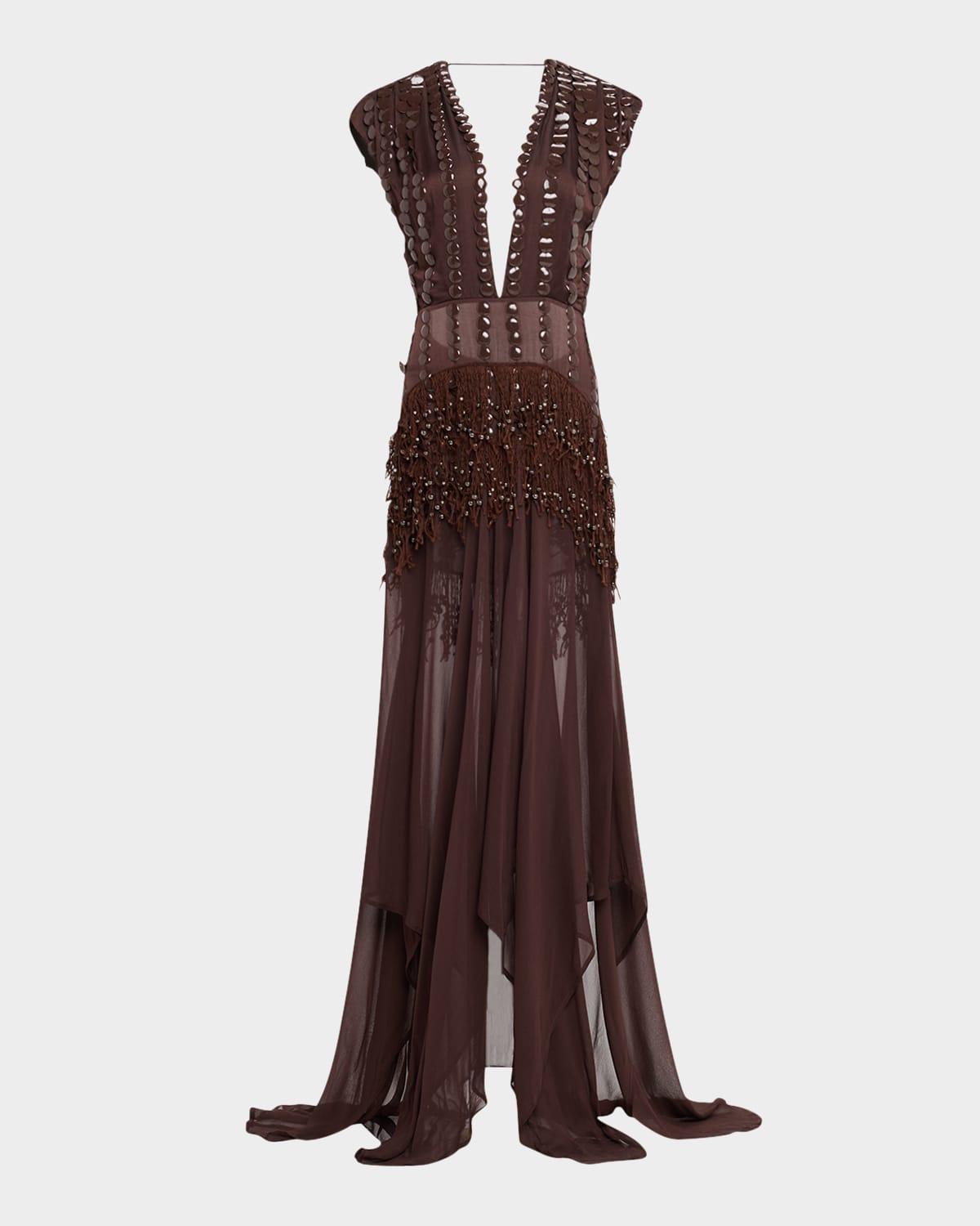 mona embellished plunging backless gown