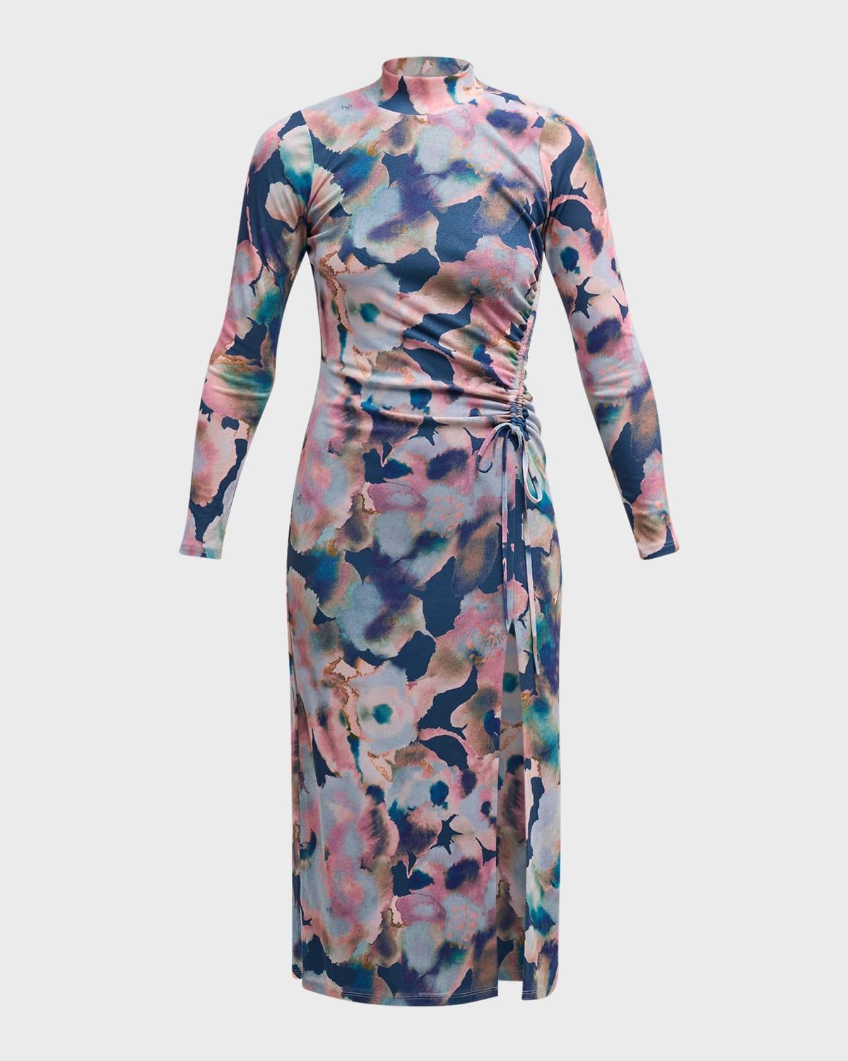 mona mock-neck ruched midi dress