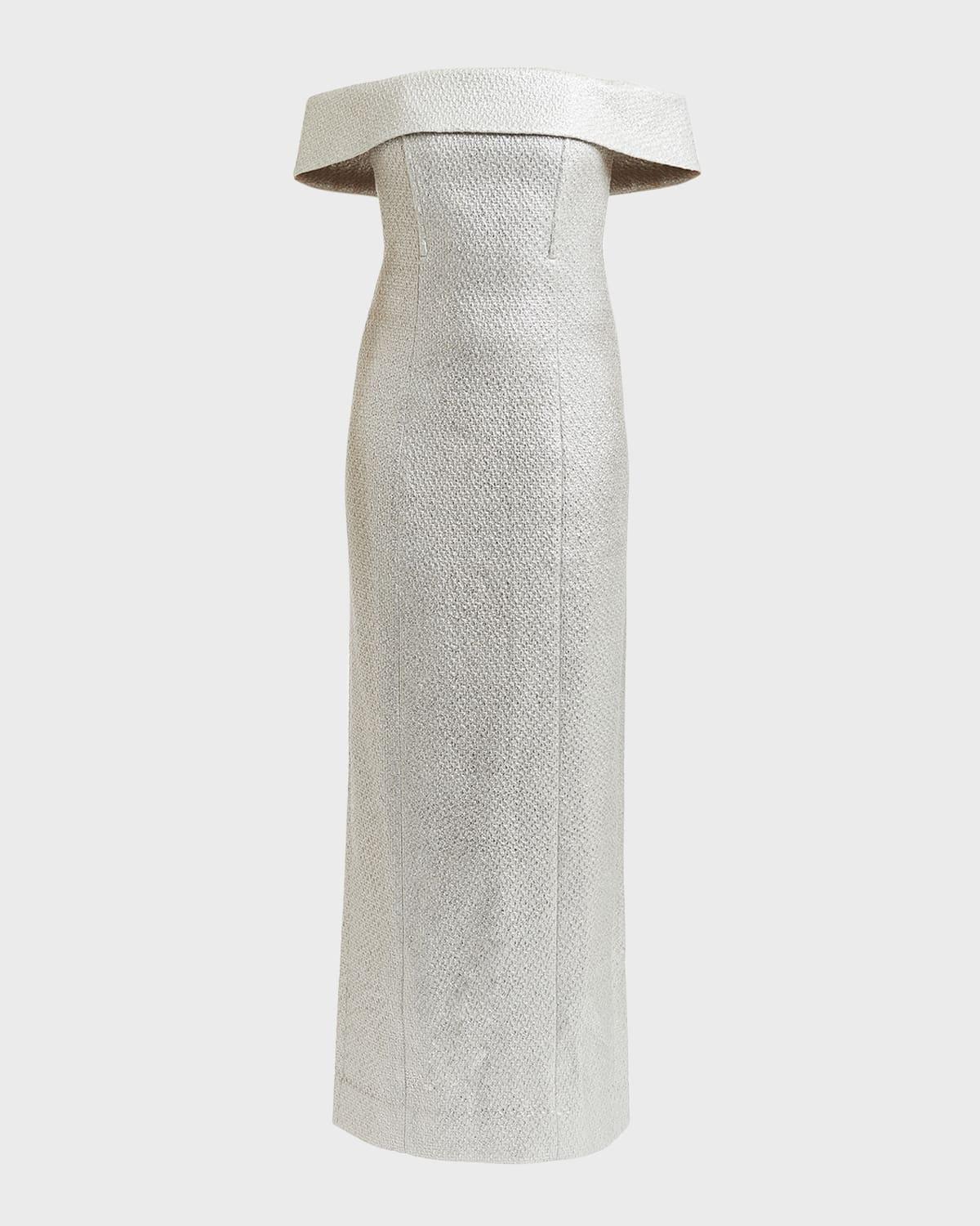 mona off-shoulder metallic column gown