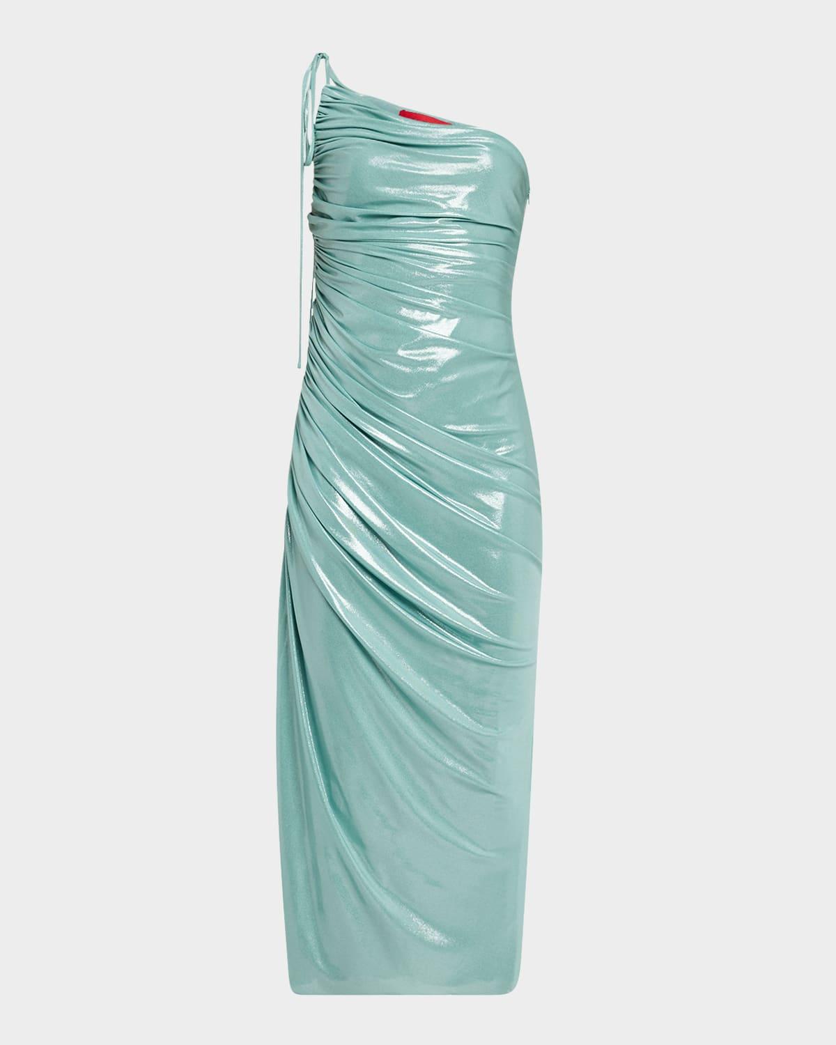 mona one-shoulder glossy jersey midi dress