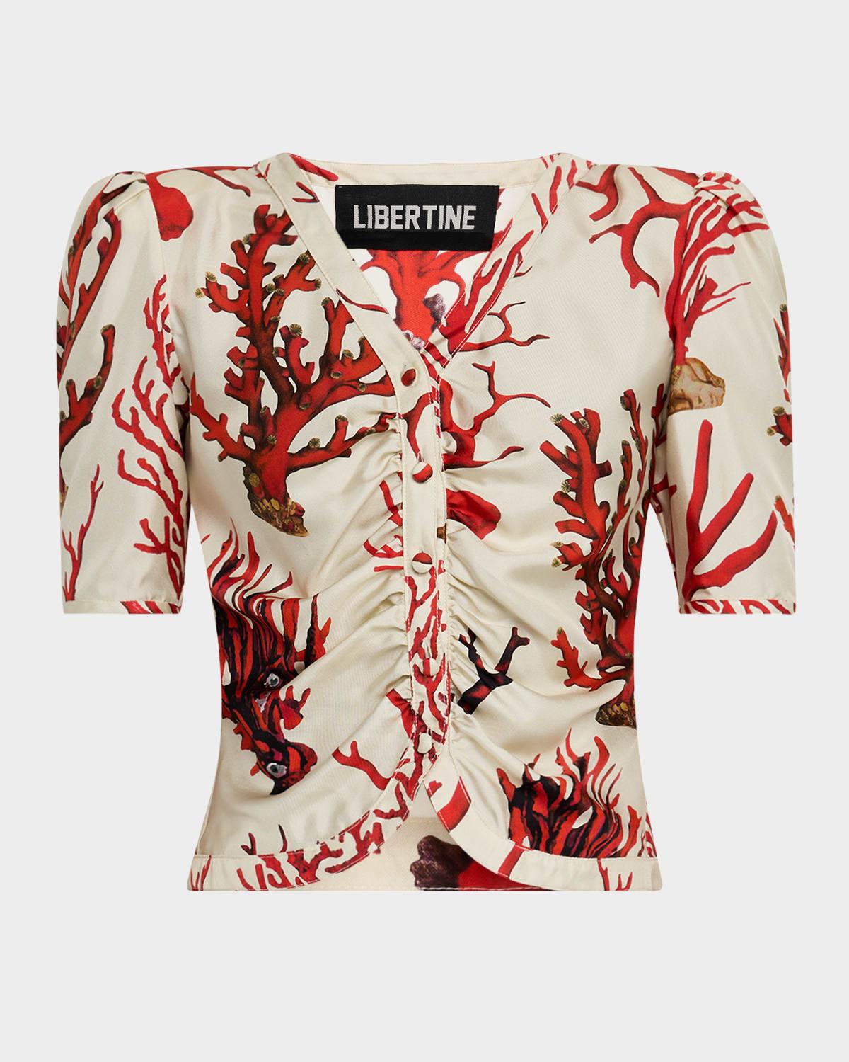 monaco venetian coral-print silk top