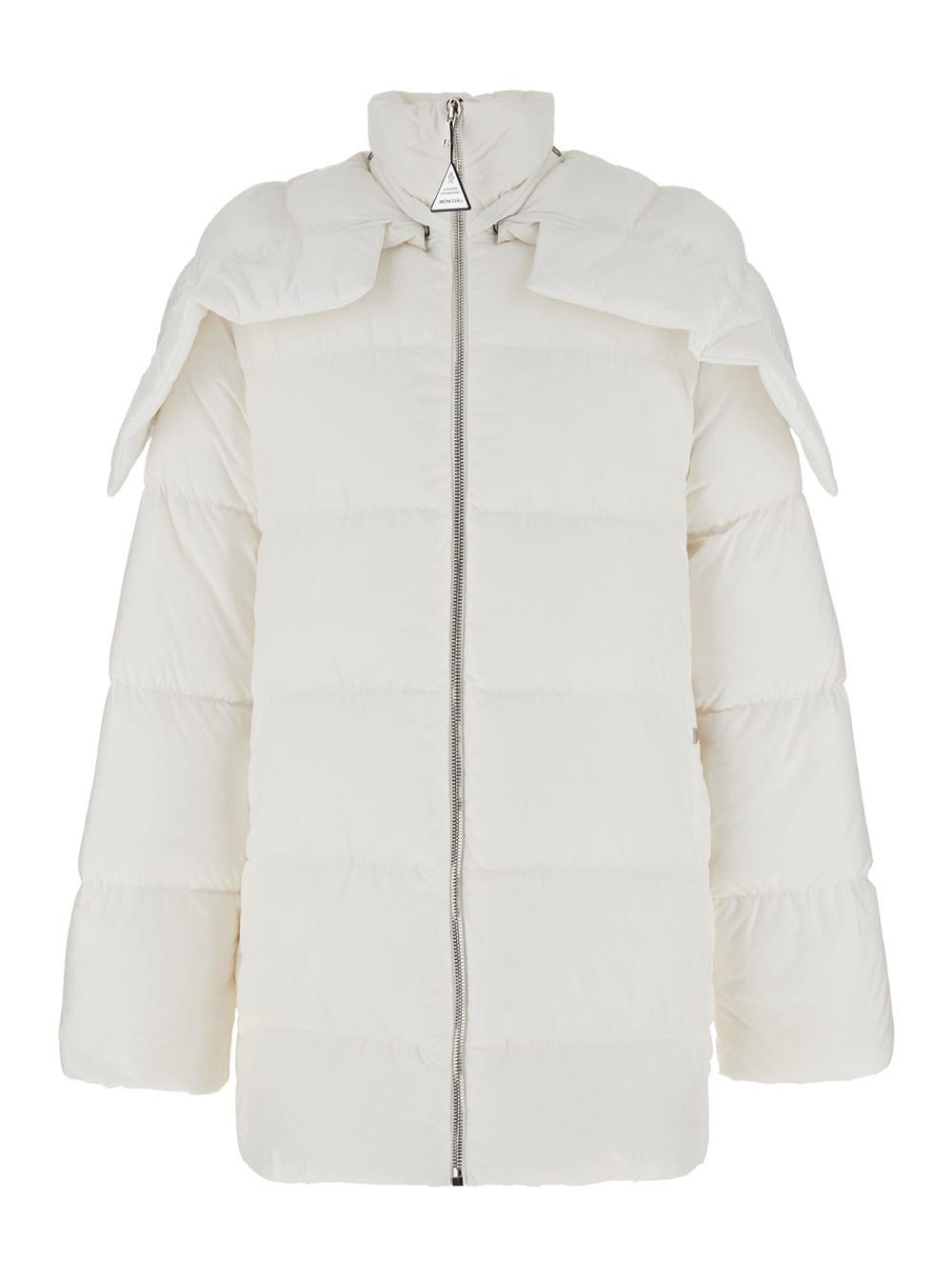 moncler + rick owens cyclopic white down jacket with removable hood and logo patch in tech fabric woman