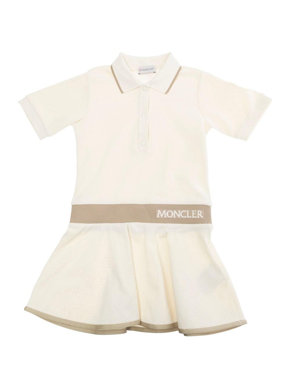 moncler beige dress with classic collar and logo lettering on the front in cotton blend girl