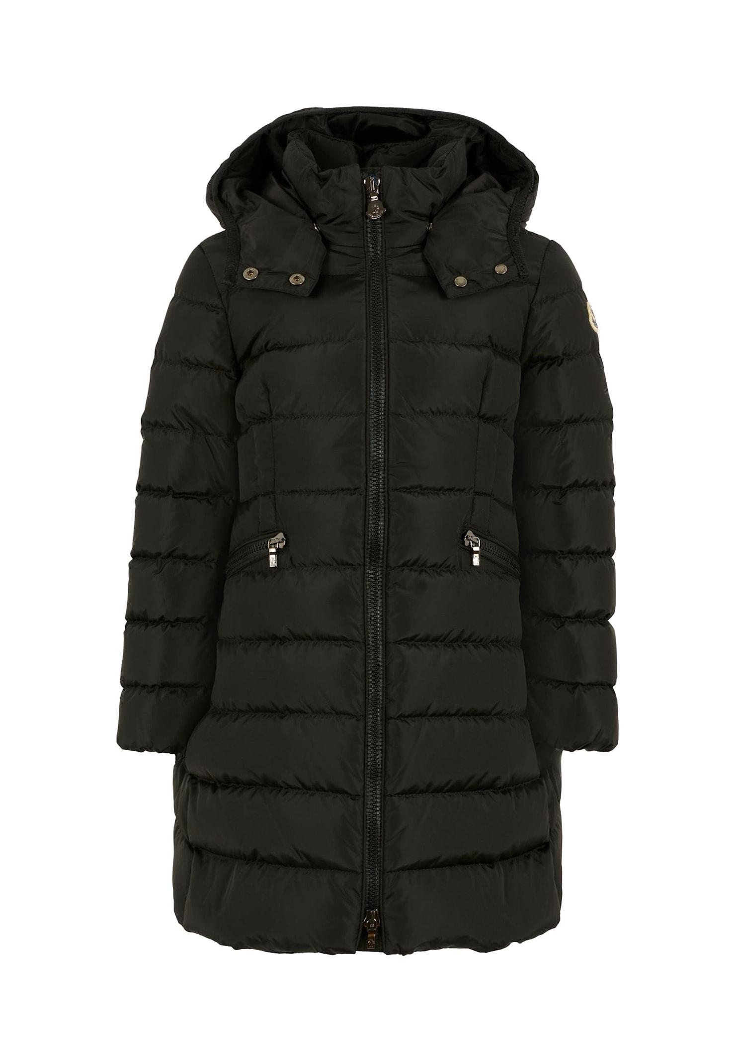 moncler black charpal down jacket for girl with logo